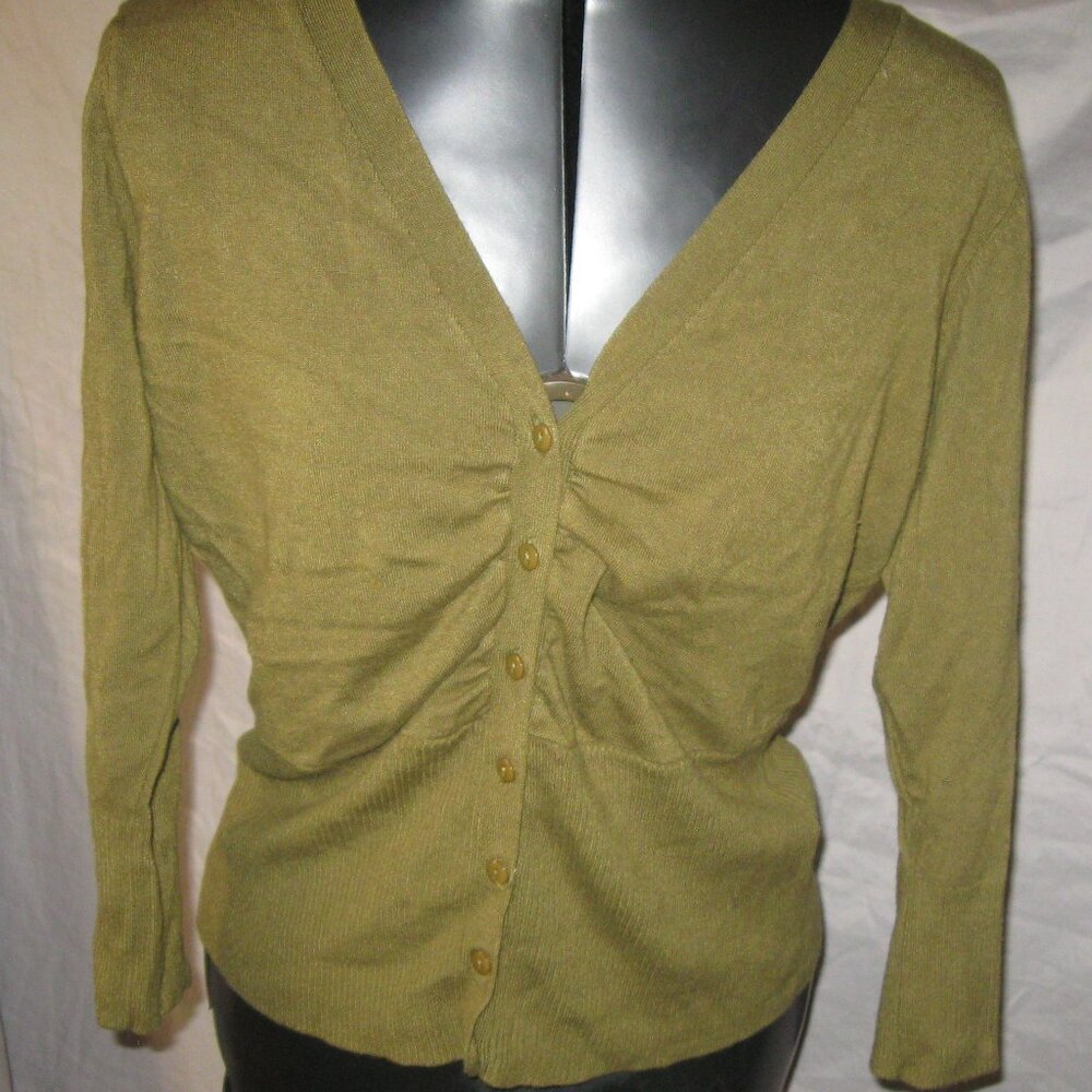 VINTAGE Forenza Y2K Moss Military Green Sz S Ruch Front V Neck Cardigan Sweater